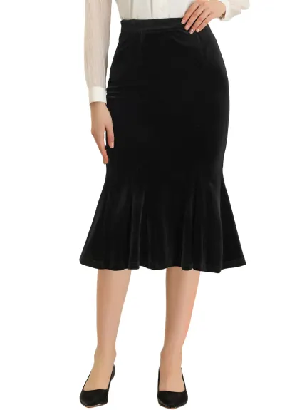 Allegra K- Elastic Waist Velvet Fishtail Bodycon Skirt