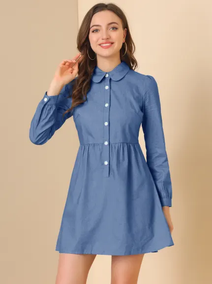 Allegra K- Robe chemise en jean chambray à manches longues pour femme