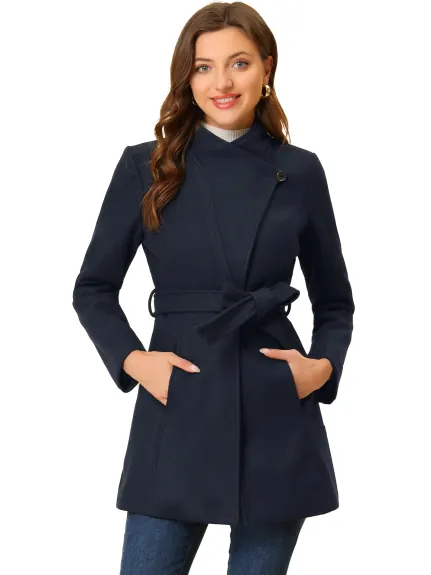 Allegra K- Classic Stand Collar Belted Long Coat