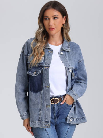 Allegra K - Button Up Long Sleeve Denim Jacket