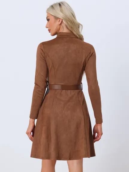 Allegra K- Faux Suede Stand Collar Zip Up Belted Vintage Dress