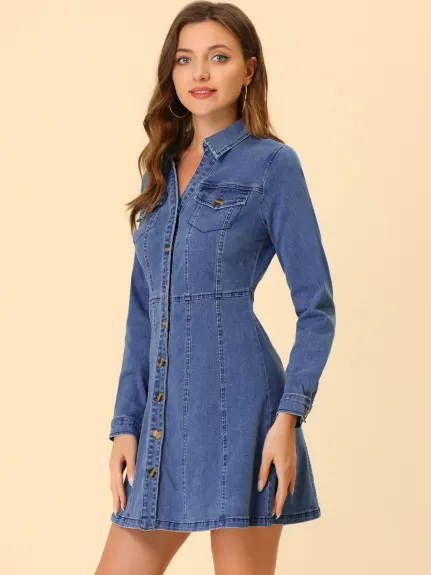 Allegra K- V-Neck Roll Up Sleeve Denim Shirt Dress