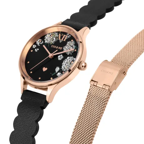 OUI & ME-Bichette 28 mm, montre à 3 aiguilles à cadran rose avec bracelet en maille dorée rose