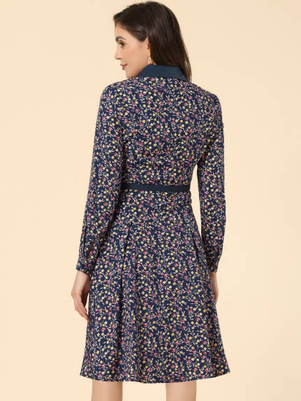 Allegra K- Floral Contrast Collar Belted Long Sleeve Retro Dress