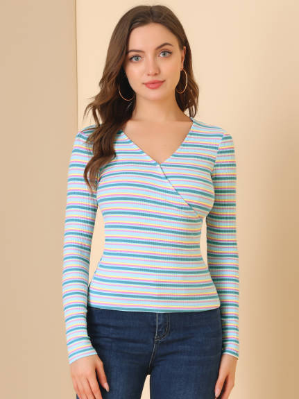 Allegra K- Stripe Rainbow Color Slim Long Sleeve Knit T-Shirt