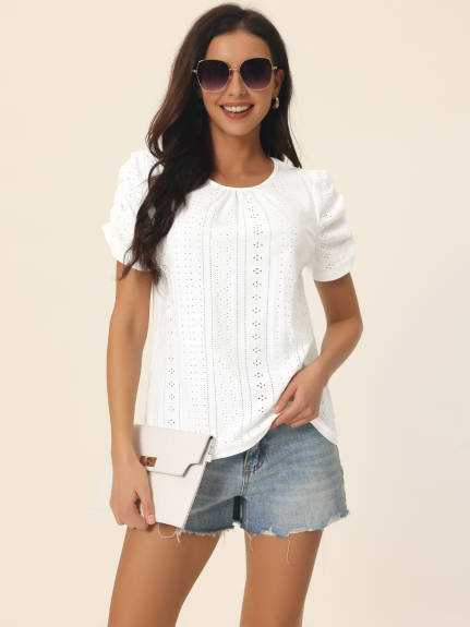 Allegra K- Eyelet Ruched Crewneck Solid Tops