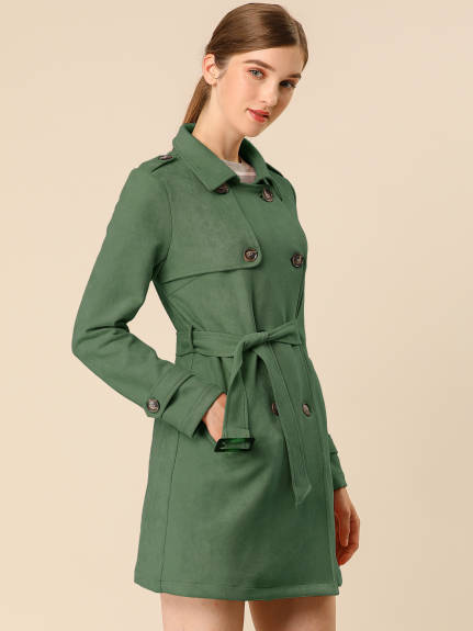 Allegra K- Notched Lapel Double Breasted Faux Suede Trenchcoat