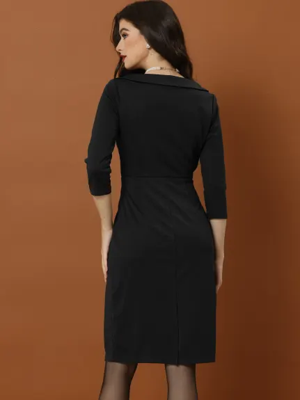 Allegra K- 3/4 Sleeve Square Neck Elegant Pencil Dress