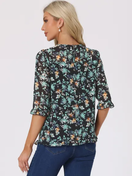 Allegra K- Blouse florale en mousseline à manches 3/4 et à volants