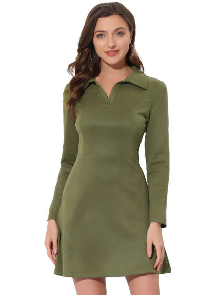 Allegra K- Faux Suede V Neck Long Sleeve A-Line Mini Dress