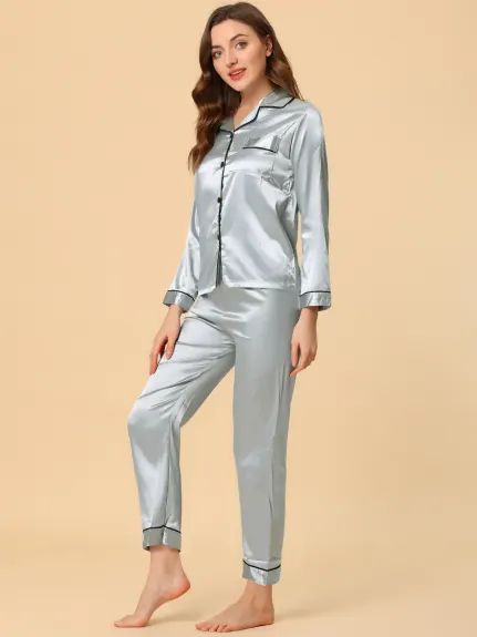 Allegra K - Satin Button Down Lounge Pajama Sets