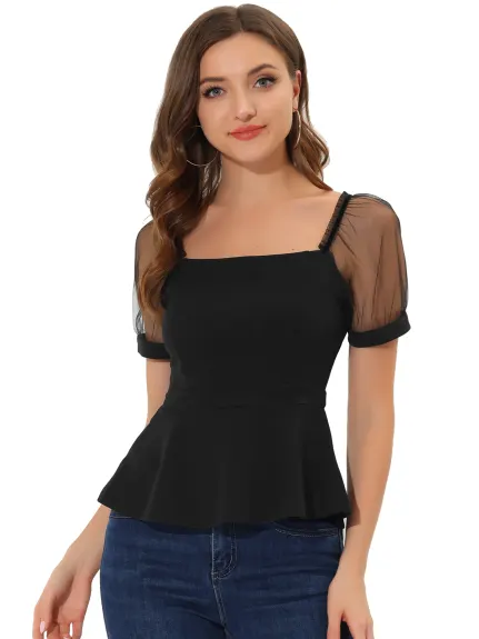 Allegra K - Square Neck Mesh Sheer Sleeve Peplum Top