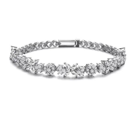 Genevive Sterling Silver White Gold Plating with Clear Round and Marquise Cubic Zirconia Cluster Flower-Inspired Tennis Bracelet