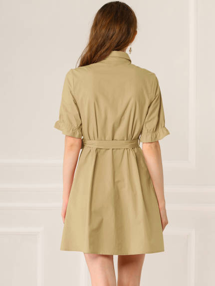 Allegra K- Ruffled Short Sleeve Belted Shirt Dress