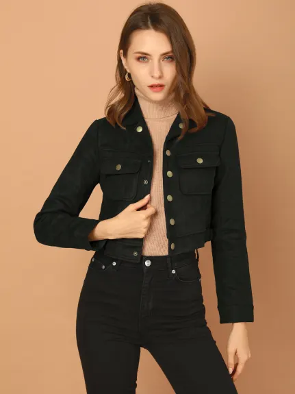 Allegra K- Faux Suede Notched Collar Button Up Cropped Jacket