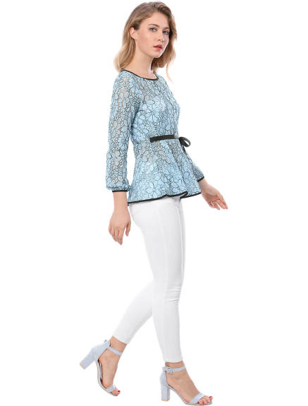 Allegra K- Tie Waist Lace Peplum Blouse