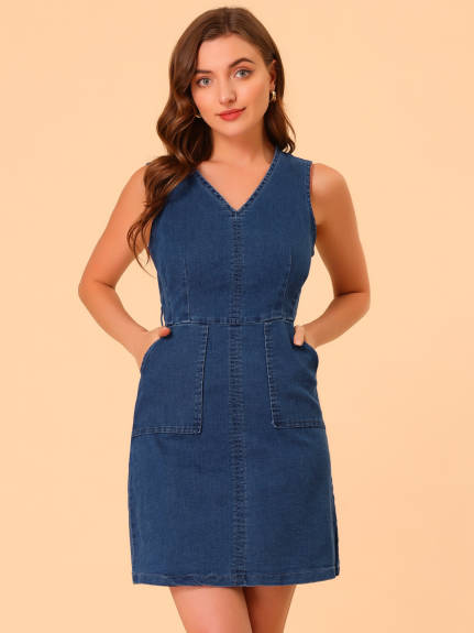 Allegra K- V Neck Tie Waist Sleeveless Denim Dress with Pockets