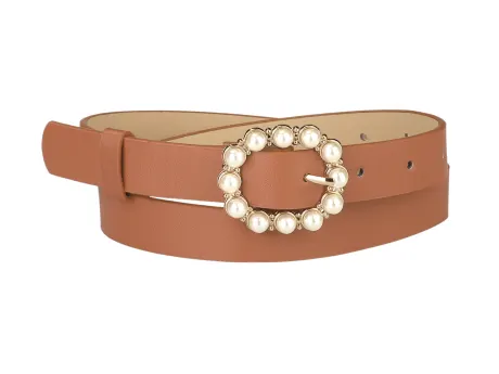 Allegra K- Pearl Waistband Skinny Leather Pin Buckle Belt