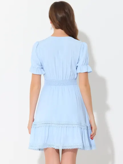 Allegra K- Mini robe bohème à col en V et taille élastique smockée à manches courtes