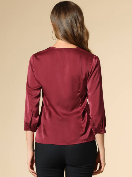 Allegra K- Satin Long Sleeve V Neck Top Shirt Blouse