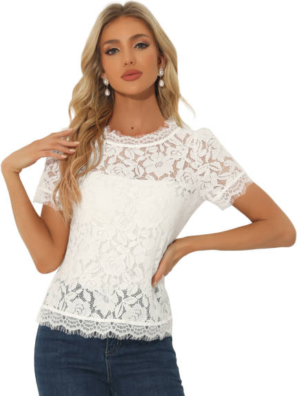 Allegra K- Lace Floral Scalloped Trim Semi Sheer Blouse