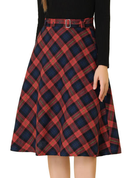 Allegra K- Plaid Tartan Belted A-Line Midi Skirt