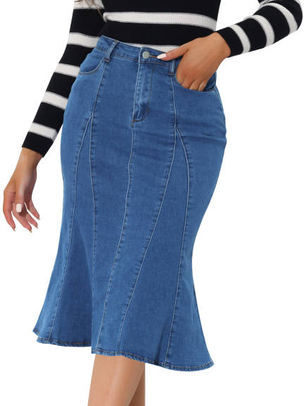 Allegra K- Fishtail Hem Bodycon Midi Denim Skirt