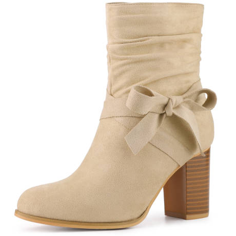 Allegra K- Slouchy Chunky Heel Bow Tie Ankle Boots