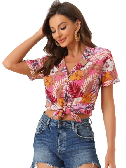 Allegra K - Chemise boutonnée à feuilles florales tropicales de plage