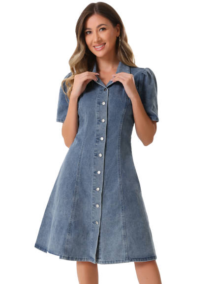 Allegra K - Puff Sleeve Button Down Collared Denim Dress