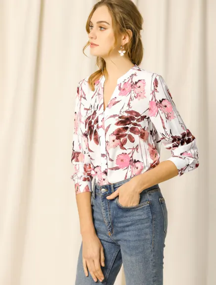 Allegra K- V Neck Long Sleeve Floral Shirt Blouse