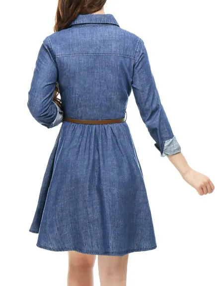 Allegra K- Long Sleeve Above Knee Denim Shirt Dress with Belt