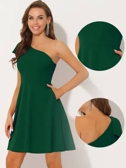 Allegra K- Elegant Flared One Shoulder Cocktail Dress