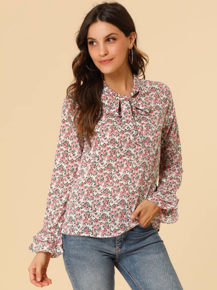 Allegra K- Floral Tie Neck Chiffon Ruffle Blouse