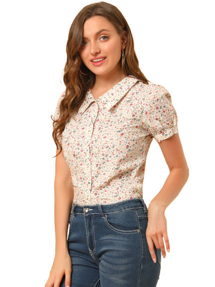 Allegra K- Puff Sleeve Turndown Collar Floral Blouse