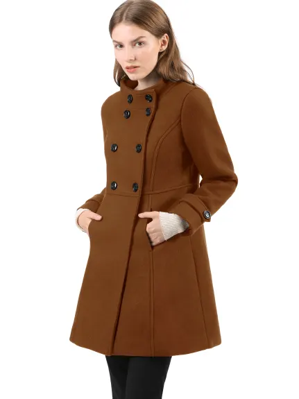 Allegra K- Stand Collar Long Sleeves Double Breasted Coat