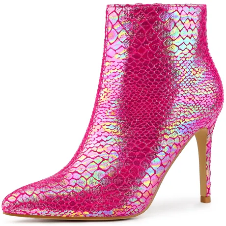 Allegra K - Snakeskin Printed Pointed Toe Ankle Boots