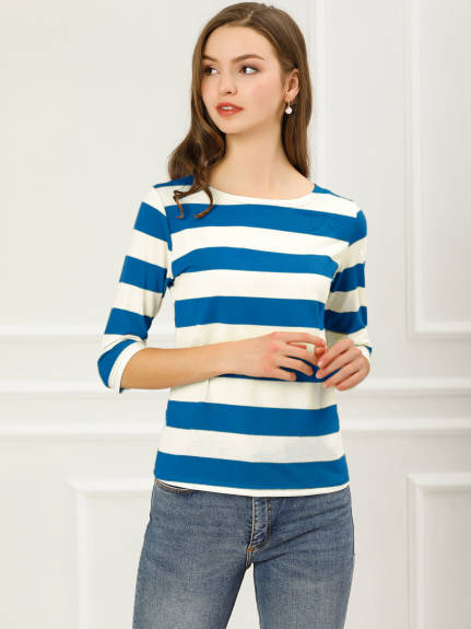 Allegra K- Boat Neck Elbow Sleeve Slim Fit Stripe T-Shirt