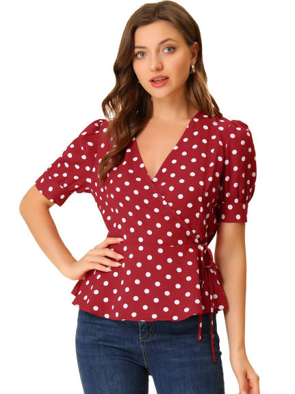 Allegra K - V Neck Polka Dots Short Sleeve Wrap Peplum Top