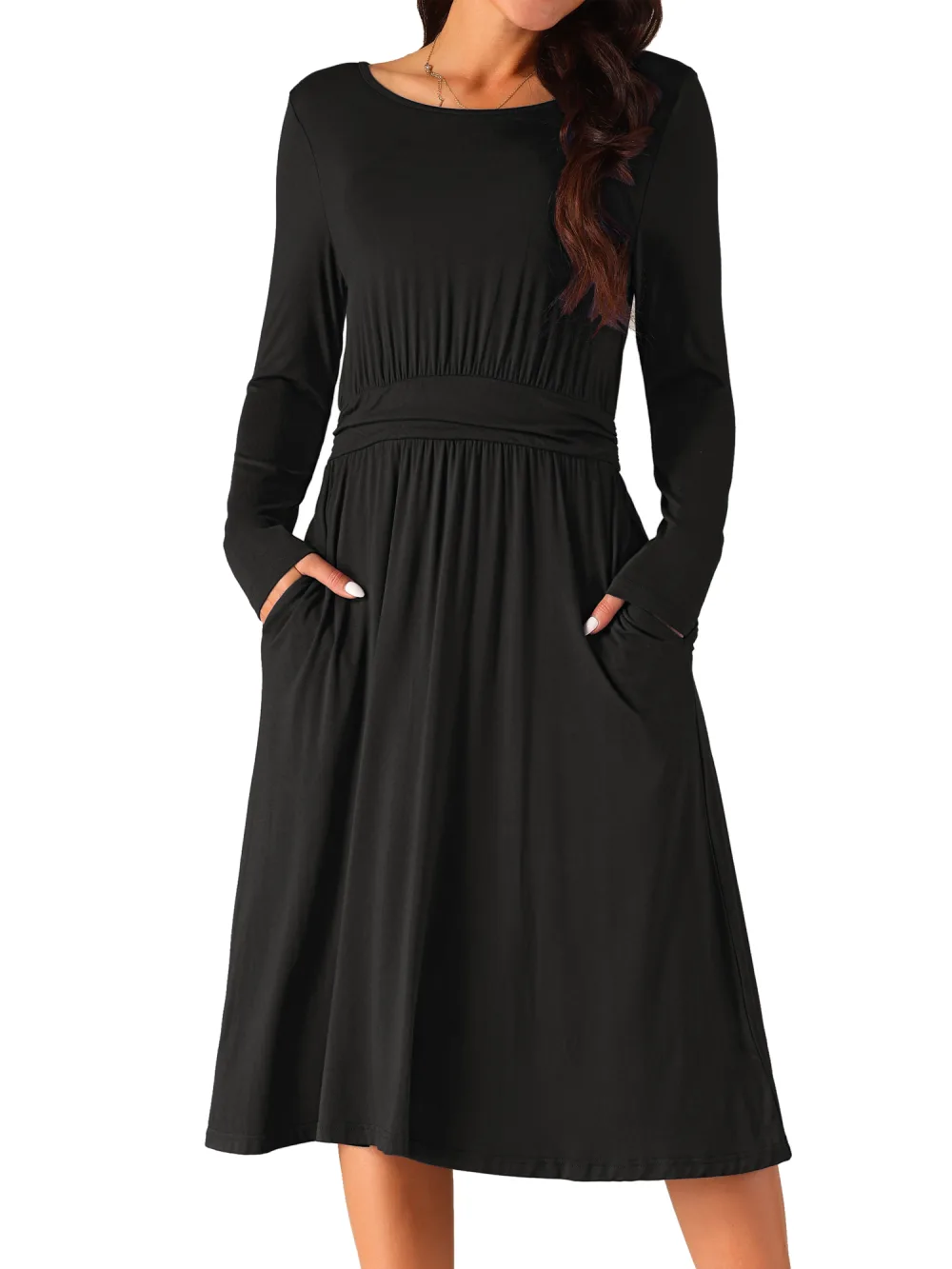 INSPIRE CHIC - Long Sleeve Crewneck Midi Dress with Pockets