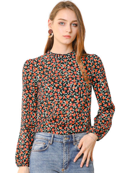 Allegra K- Stand Collared Long Sleeve Floral Top