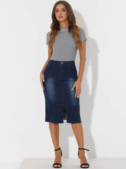 Allegra K- Elastic Waist Split Denim Pencil Skirt