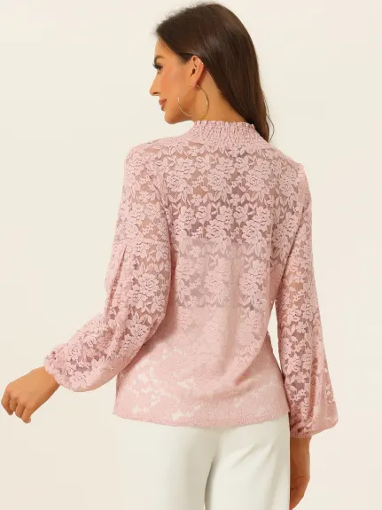 Allegra K- Blouse transparente en dentelle florale à col montant et volants