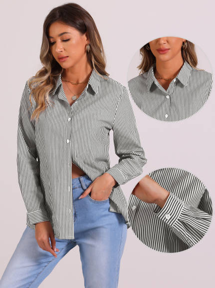 Allegra K - Button Down Long Sleeve Striped Work Shirt