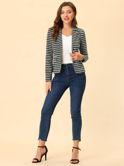 Allegra K- Notched Lapel Pocket Button Closure Striped Blazer