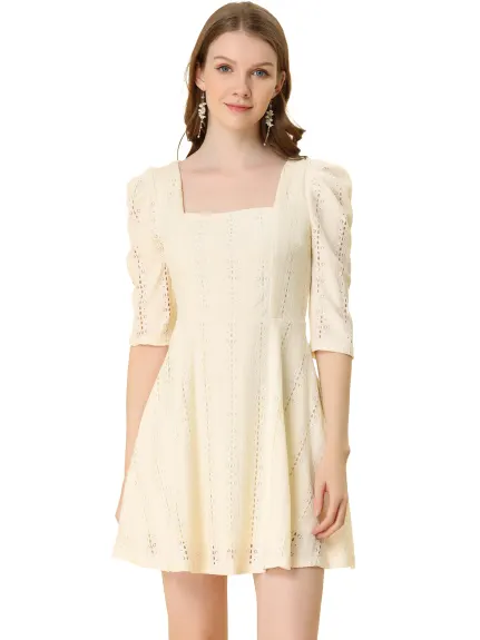 Allegra K- Square Neck Lace Puff Sleeve Dress