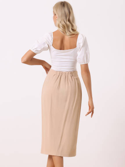 Allegra K- Linen Elastic Waist Split Midi Pencil Skirt