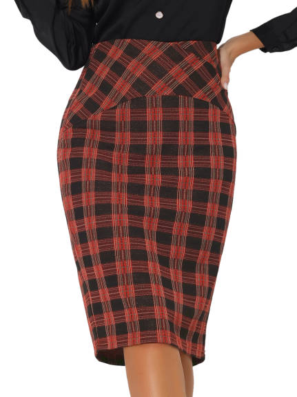 Allegra K- Elastic High Waist Knee Length Plaid Pencil Skirt