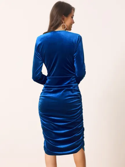 Seta T- Deep V Neck Bodycon Long Sleeve Velvet Cocktail Midi Dress