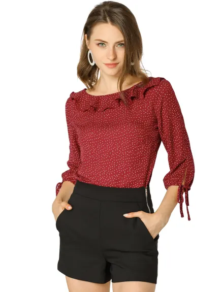 Allegra K- Ruffled Neck Half Sleeve Sheer Polka Dots Blouse